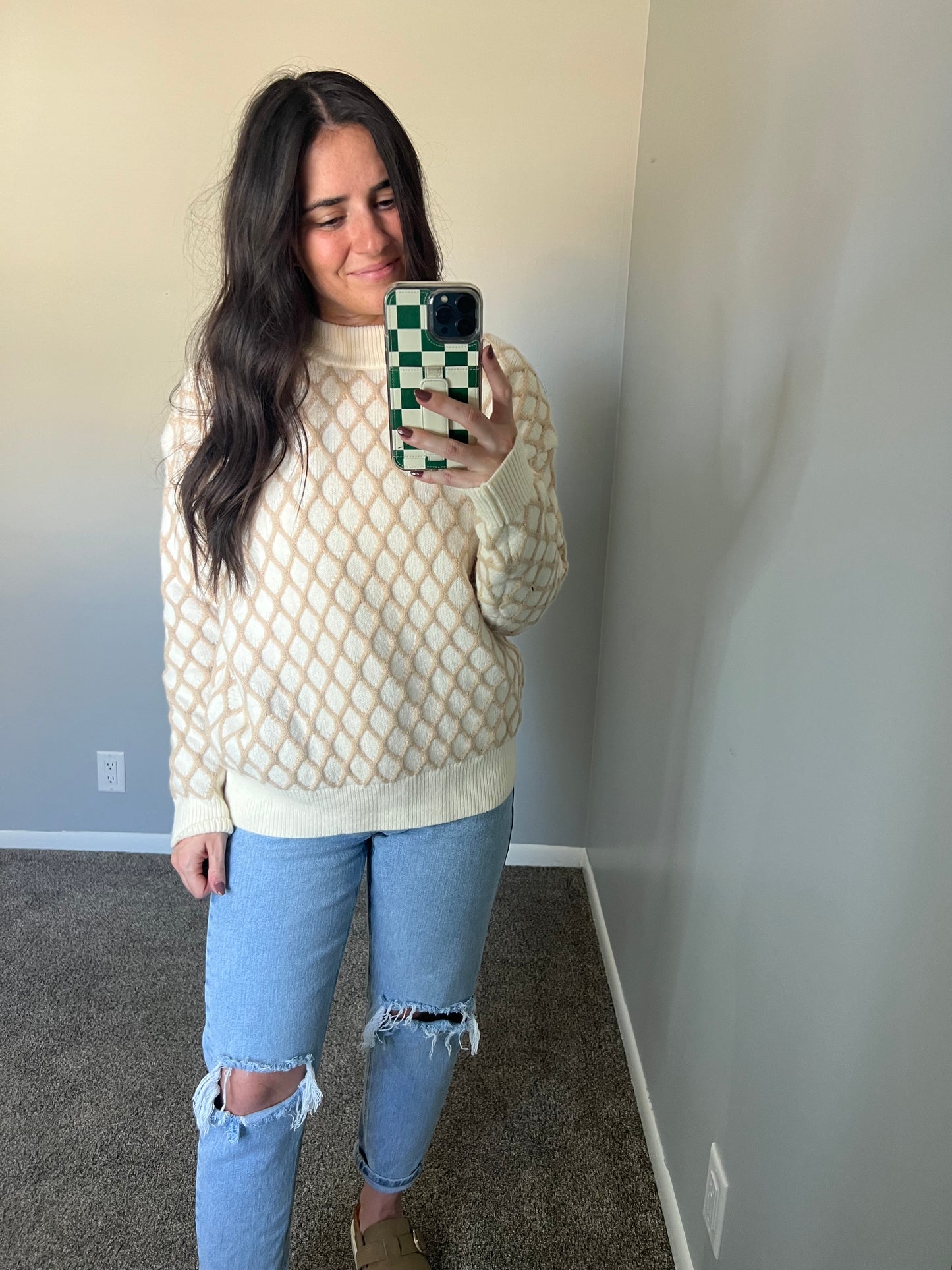 Oatmeal Diamond Knit Drop Shoulder Sweater