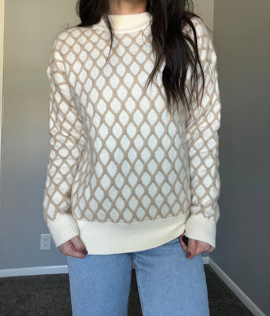 Oatmeal Diamond Knit Drop Shoulder Sweater